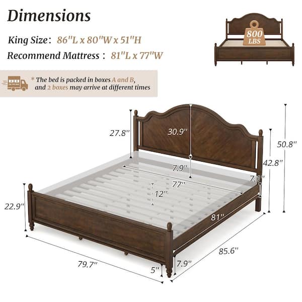 Aubel Dark Walnut Brown Mid-Century Solid Wood Frame King Size Platform Bed with Herringbone-Inspired Pattern Headboard