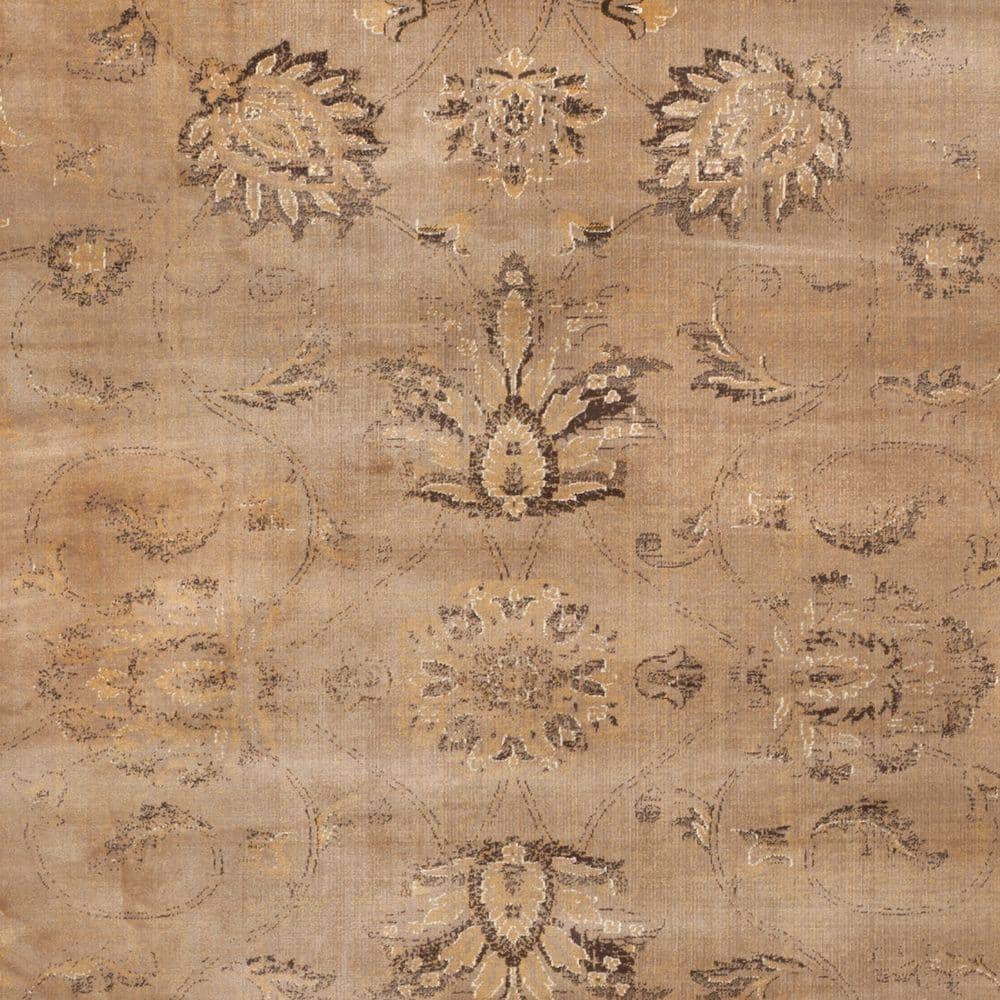 Taupe Floral Viscose Round Area Rug, 8' x 10'