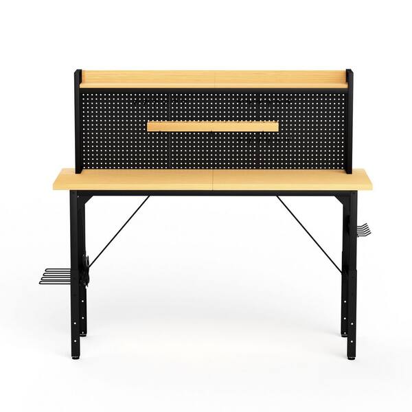 71'' Heavy Duty Wooden Adjustable Workbench with Pegboard, Wheels, AC/USB Outlet, Hooks, Shelf, 1600 lb. Load Capacity
