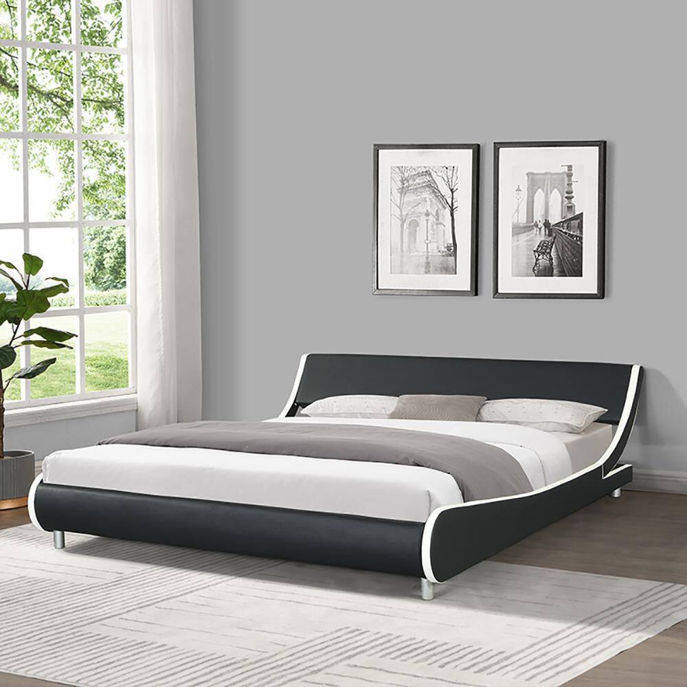 Unbranded  80.3 in.W Black White Wood Frame Faux Leather Upholstered King Size Platform Bed Frame - 2