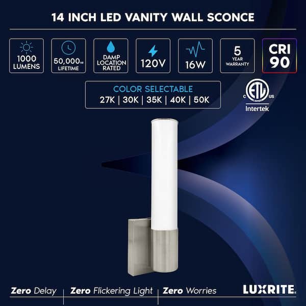 14 in. 2-Lights Brushed Nickel Fixture LED Tub Vanity e Wall Sconces Bathroom 5CCT 1000 Lumens Dimmable Damp Rated