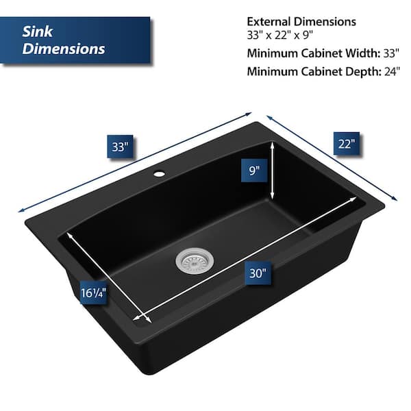 Drop-In Quartz Composite 33 in. 1-Hole Single Bowl Kitchen Sink in Black Drop-In Quartz Composite 33 in. 1-Hole Single Bowl Kitchen Sink in Black