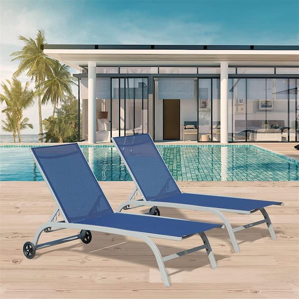 Cesicia Grey Frame Adjustable Backrest 2-Piece Metal Outdoor Chaise Lounge on Wheels in Blue