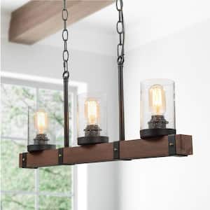 Asben II 3-Light Linear Farmhouse Chandelier Black Rustic Wood Island Chandelier with Seeded Glass Shades and Rivets