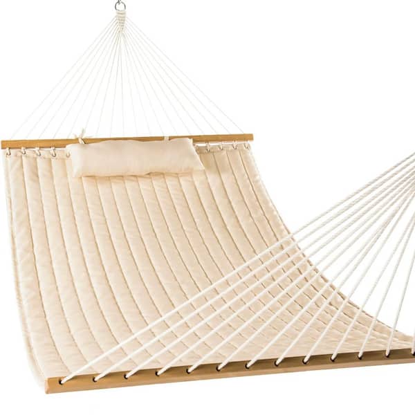 12 ft. 2-Person Hammock, Double Quilted Fabric Hammock with Spreader Bars, Pillow, 450 lbs Weight Capacity in Beige