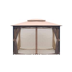 12 ft. x 10 ft. Beige Softtop Double Roof Canopy Metal Grill Gazebo with Mosquito Net and Sunshade Curtains