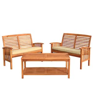 Brown 3-Piece Acacia Wood Outdoor Patio Conversation Set with Off-White Cushions
