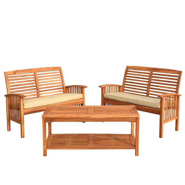 Walker Edison Furniture Company Brown 3-Piece Acacia Wood Outdoor Patio Conversation Set with Off-White Cushions