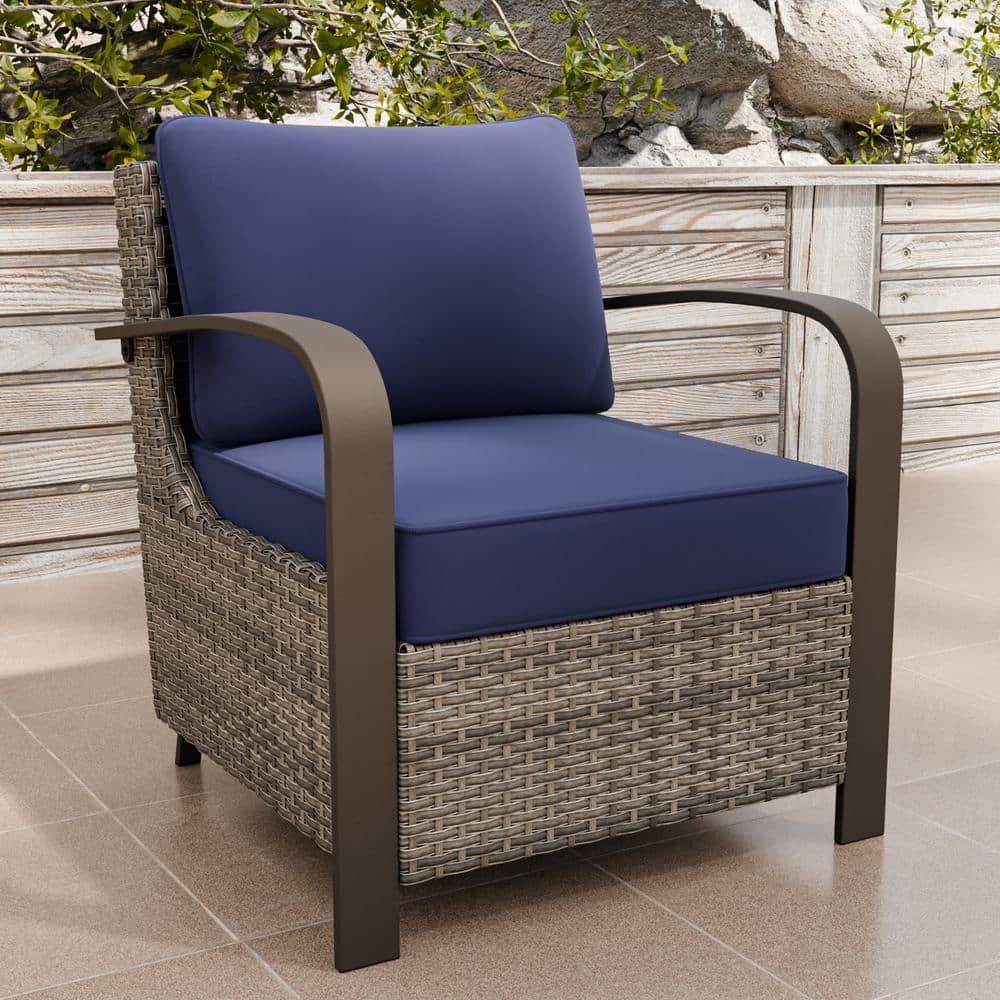 Blue Cushioned Brown Steel Wicker Lounge Chair