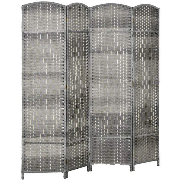HOMCOM 6 ft. Tall Hand-Woven 4-Panel Folding Room Divider Privacy Screen in Gray