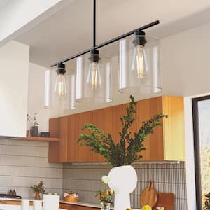 3-Light Black Cylinder Pendant Light Fixtures with Clear Glass Shades for Dining Room Kitchen Island Dimmable