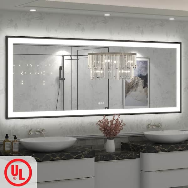 84 in. W x 32 in. H Rectangular Space Aluminum Framed Dual Lights Anti-Fog Wall Bathroom Vanity Mirror in Tempered Glass