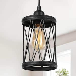 Modern Industrial Brushed Black Lantern Cage Pendant Light Kitchen Island 1-Light Hanging Lamp with Cylinder Metal Shade