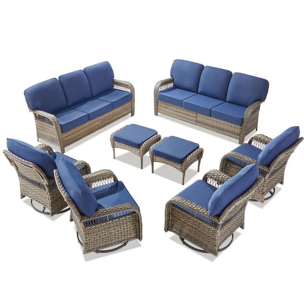 8-Piece Wicker Patio Conversation Set, 4-Swivel Chairs,1-Sofa and 2-Footstools with Blue Cushions