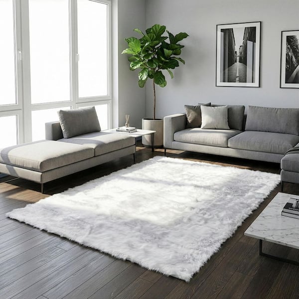 Auriel White 5 ft. x 8 ft. Faux Sheepskin Fur Rectangular Area Rug