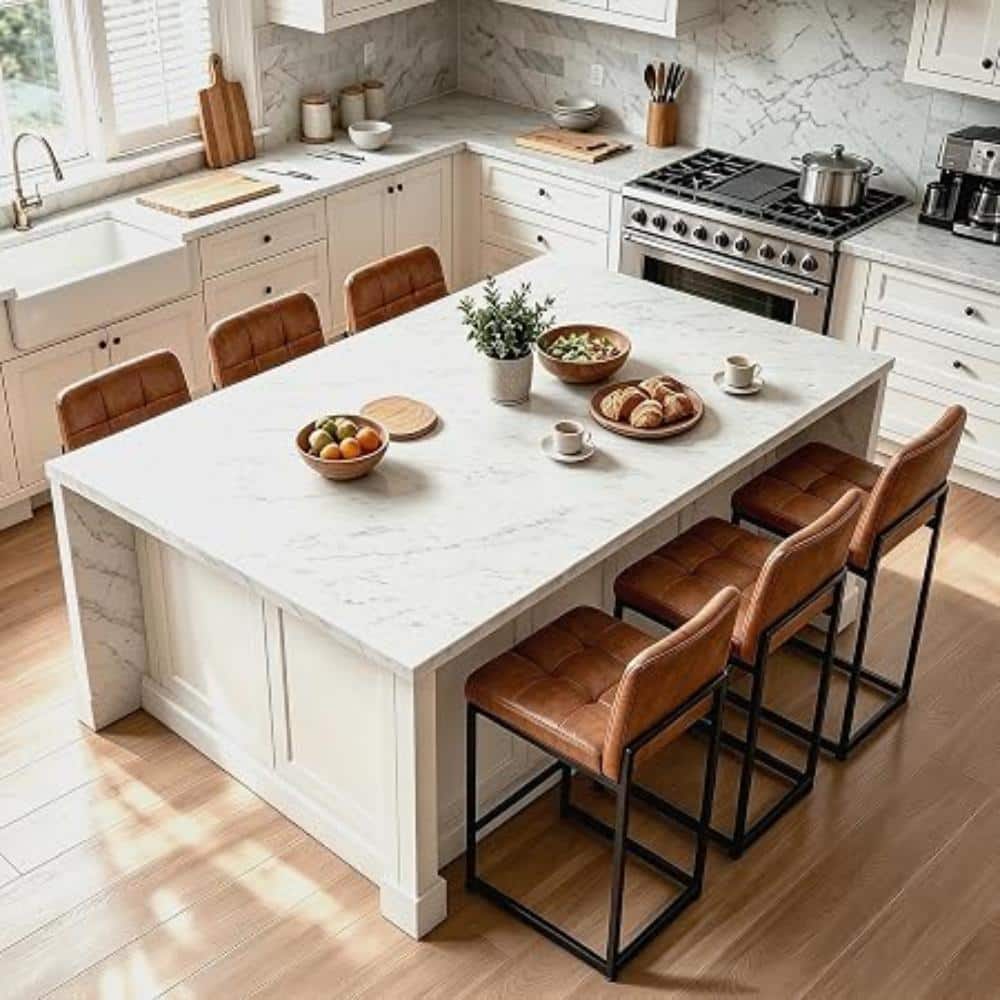 6PCS Brown Counter Height Bar Stools, Thick Faux Leather Stools with Back Footrest, Sturdy Metal Legs Kitchen Island price history on PriceWatchPro