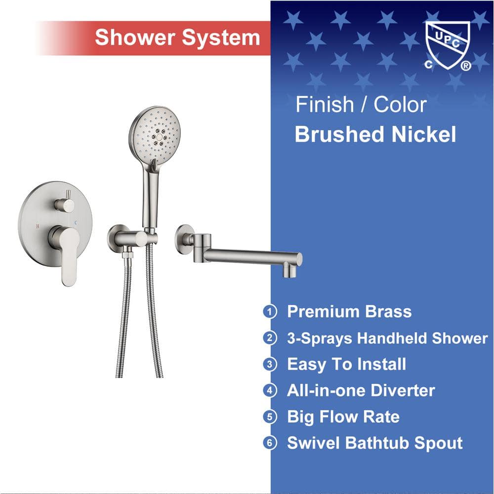 Brushed Nickel Wall Mounted Tub Faucet with Handshower