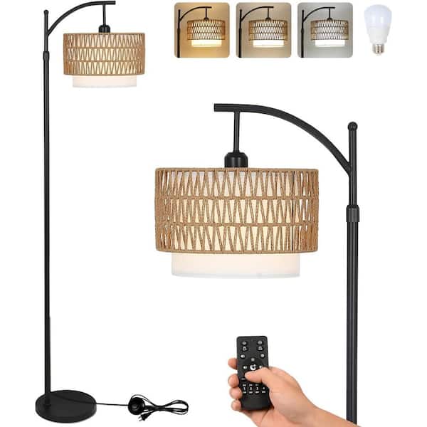 Lasaideal 65 in. Black Modern 1-Light Dimmable Arc Floor Lamp with Rattan and Fabric Shade
