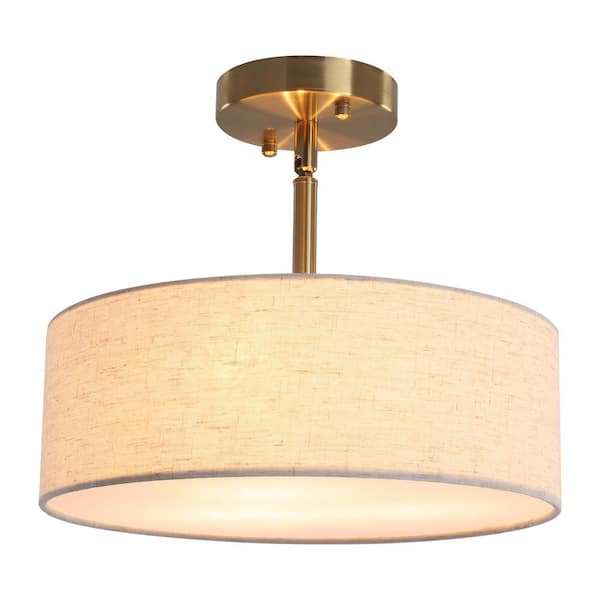 12.6 in. 3-Light Golden Round Drum Semi-Flush Mount with Burlap and No Bulbs Included Foyer Dinner Room