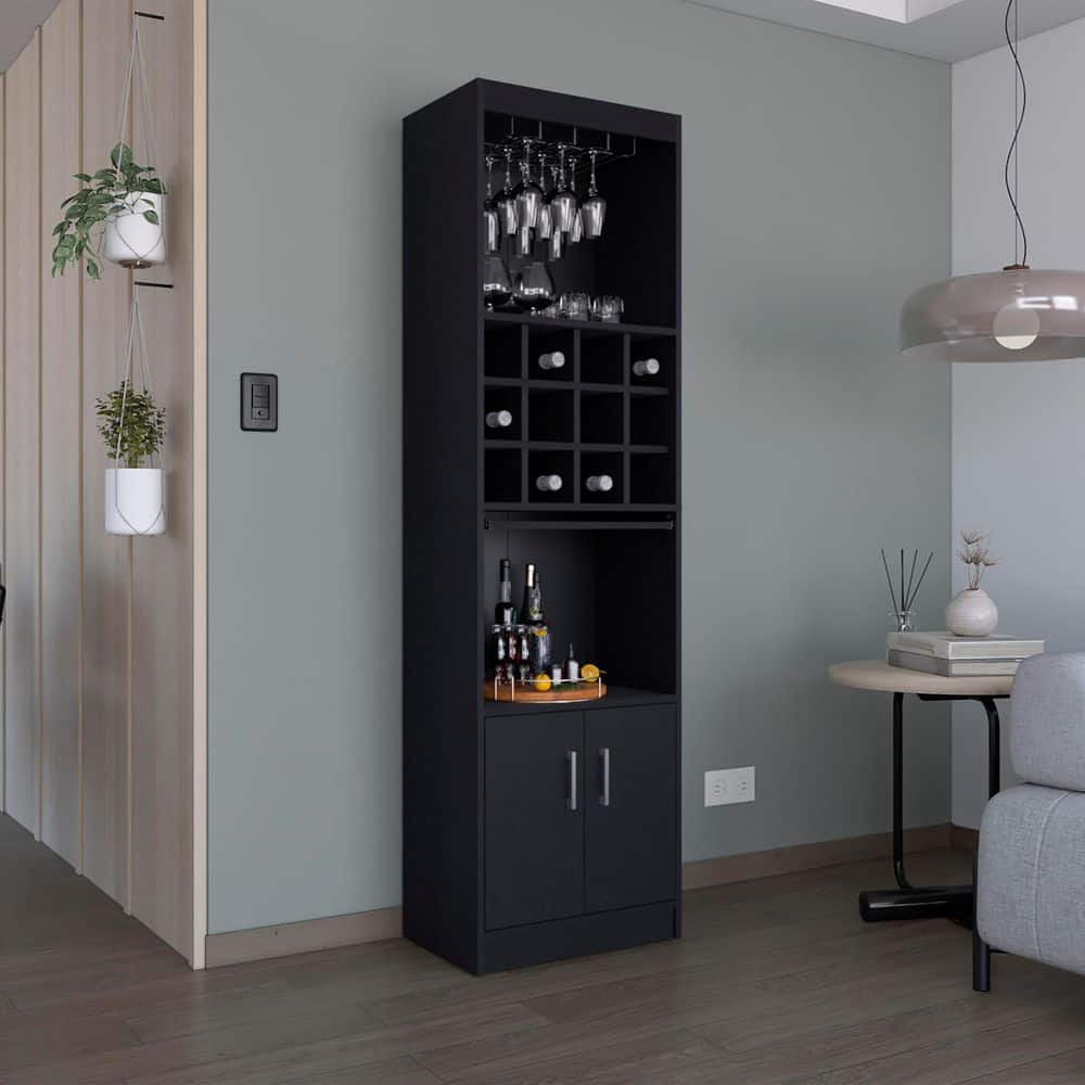 Black 71.1 in. H Accent Storage Cabinet with Stemware Rack, Wine Cabinet, 12 Bottle Cubbies, 5 Shelves, Pull Out Tray