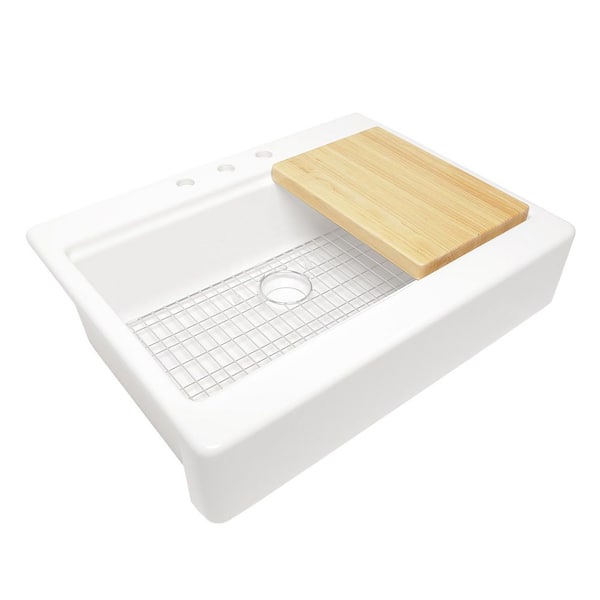 Parker 34 in. 3-Hole Quick-Fit Farmhouse/Apron-Front Drop-In Single Bowl White Fireclay Workstation Kitchen Sink