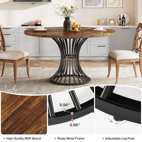 Delilah Modern Brown Black Wood 47 in. Pedestal Round Kitchen Dining Table Seats-4 Farmhouse Industrial
