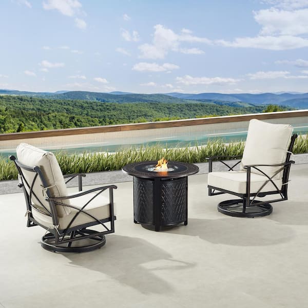 Oakland Living Black Aluminum Fire Table Bistro Set with 2-Club Chairs