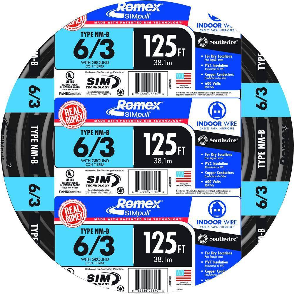 6//3 Copper 6 Gauge Southwire Stranded Romex SIMpull CU NM-B W//G Wire 75 Ft