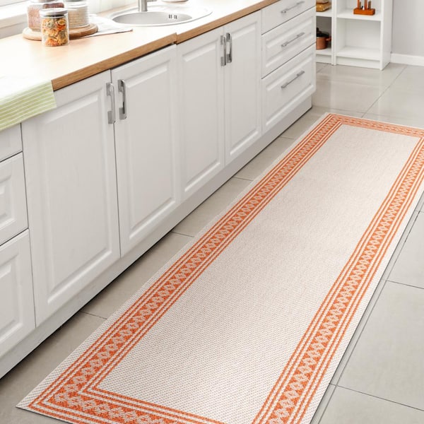 Lucia Classic Diamond Border Cream/Orange 2 ft. x 8 ft. Indoor/Outdoor Area Rug