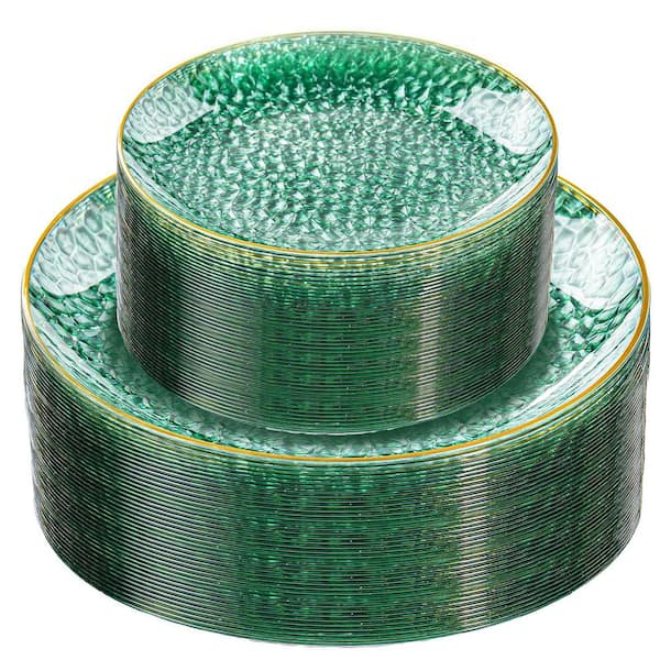 60 Piece Clear Green Plastic Plates with Gold Rim, Heavy Duty Hammered Disposable Round Plates for Wedding, Party