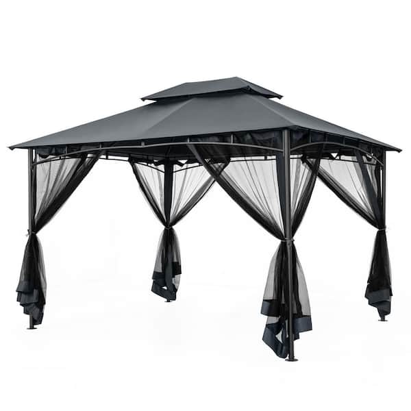 10 ft. x 12 ft. Gray Double Roof Soft Top Metal Outdoor Gazebo with Netting