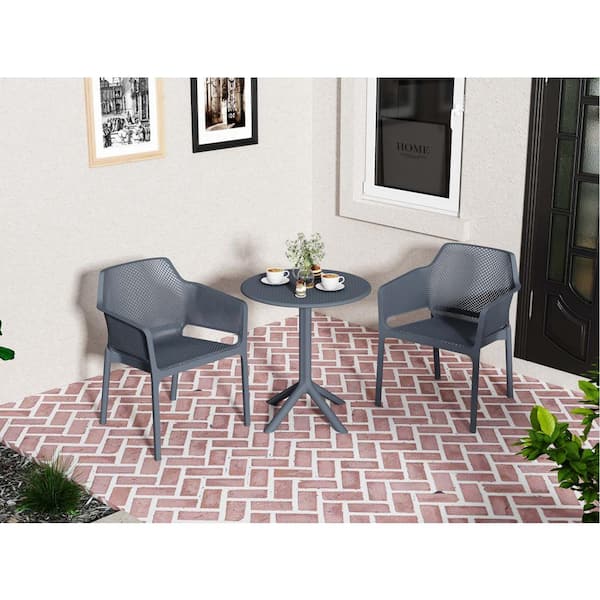 Dark Gray 3-Piece Plastic Outdoor Bistro Set, All Weather Patio Table Chair Set, Conversation Set for Patio and Garden