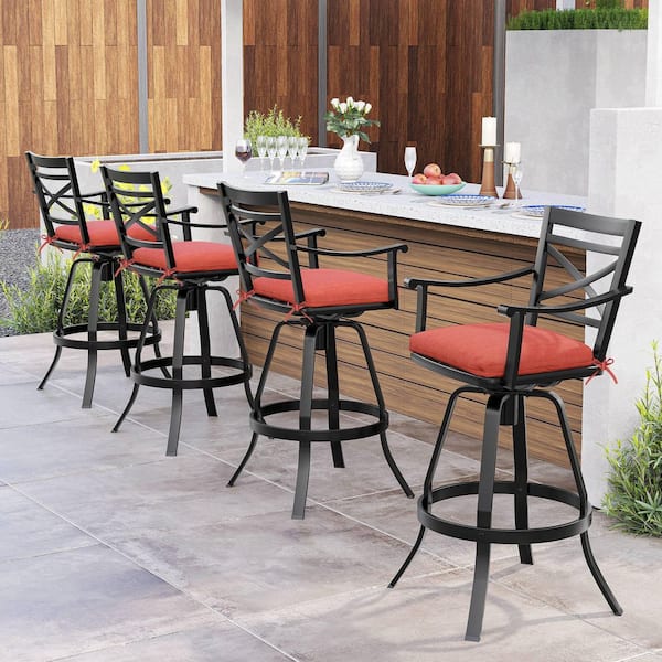 Swivel Cast Aluminum Outdoor Bar Stool with Sunbrella Red Cushion (4-Pack)