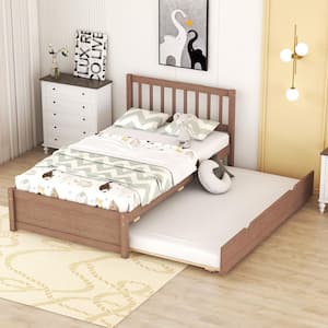 Walnut Brown Wood Frame Twin Size Platform Bed with Trundle