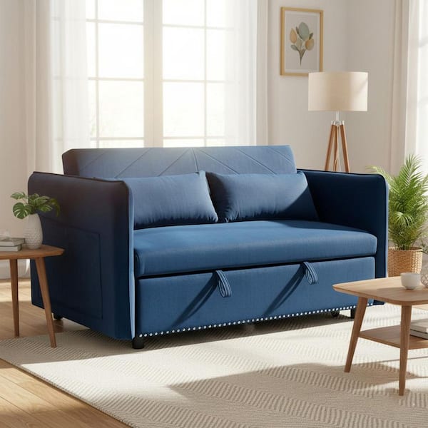 Homy Casa JTBJBL 55 in. Modern Convertible Sofa Bed with Storage, Adjustable Backrest, in Royal Navy Blue Velvet