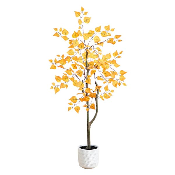 Nearly Natural 4 ft. Autumn Birch Artificial Fall Tree in White Decorative Planter