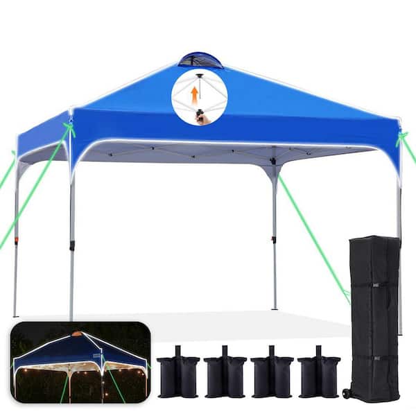 10 ft. x 10 ft. Blue Pop up Canopy Tent, Portable Instant Shelter with Vent, with Reflective Top and Fluorescent Rope