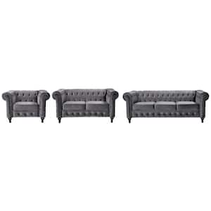 Brooks 3-Piece Gray Velvet Living Room Set, Chair Loveseat and Sofa (82.3 inch Wide )