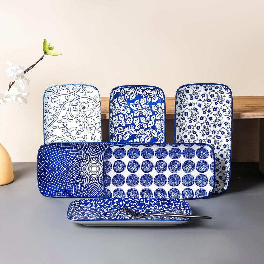 12 in. Vintage Blue Ceramic Rectangular Decorative Platter (Set of