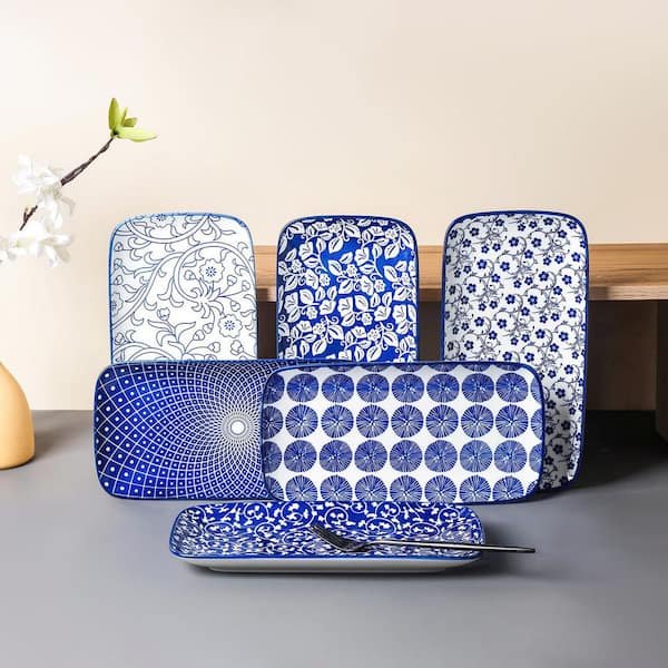 12 in. Vintage Blue Ceramic Rectangular Decorative Platter (Set of