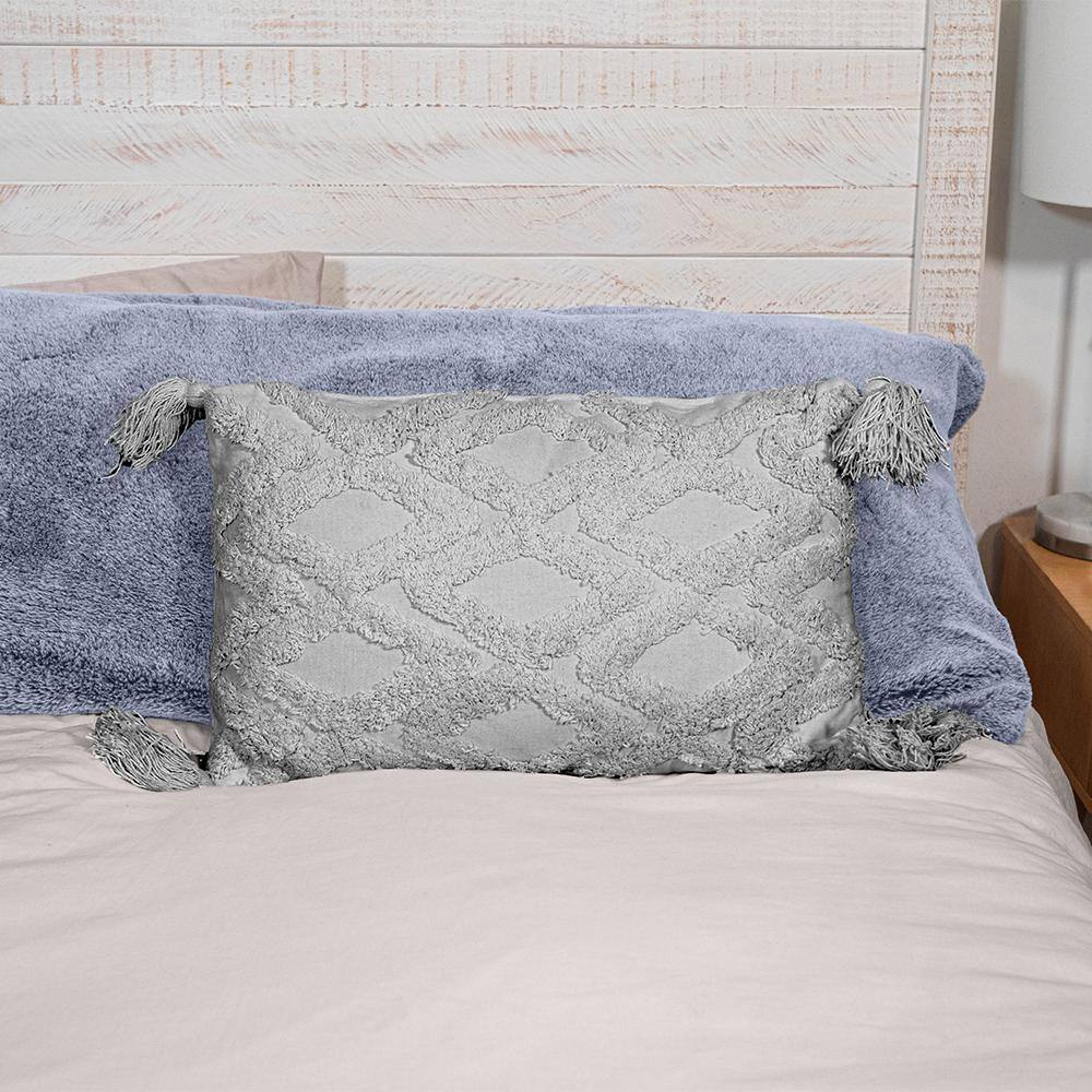 Gray Cotton Macrame Tassel Throw Pillow Set, 20 x 12 in