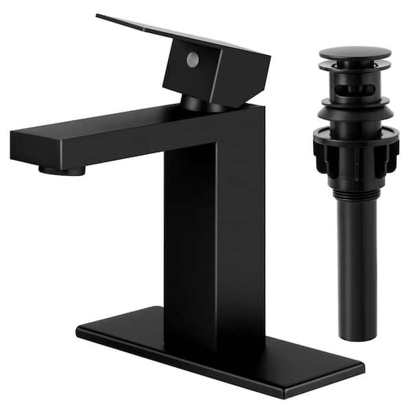 Single Handle Single Hole Bathroom Sink Faucet with Drain and Deck Plate in Matte Black