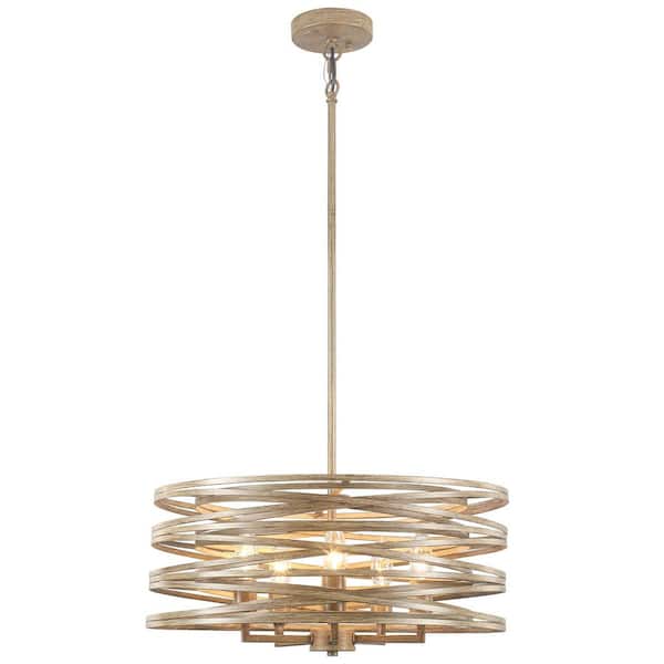 18.89 in. 5-Light Brown Drum Chandelier with Double Metal Shade and No Bulbs Included For Kitchen Island Dinning Room