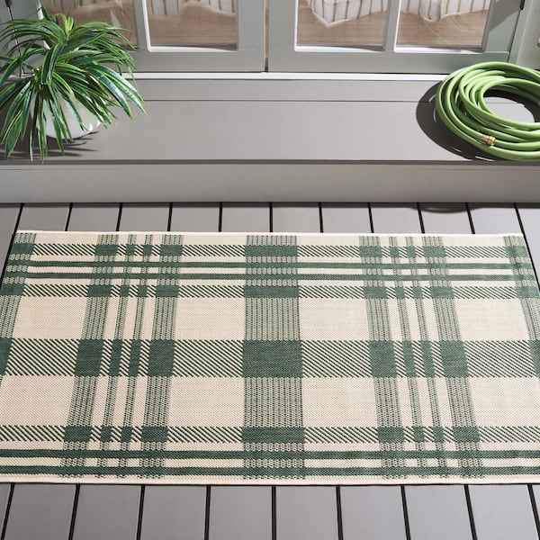 Courtyard Green/Beige 4 ft. x 4 ft. Plaid Indoor/Outdoor Square Area Rug