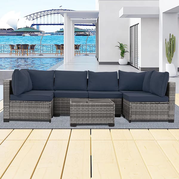 Zeus & Ruta Gray 7-Piece Wicker Outdoor Patio Conversation Set with Navy Blue Cushions and Coffee Table for Outside, Backyard