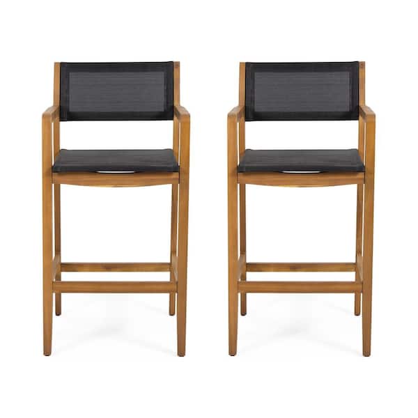 Noble House Fairfax Teak Brown Wood Outdoor Patio Bar Stool in Black Mesh seat (2-Pack)