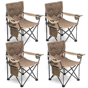 4-Piece Khaki Metal Patio Folding Beach Chair Lawn Chair Outdoor Camping Chair with Side Pockets and Built-In Opener