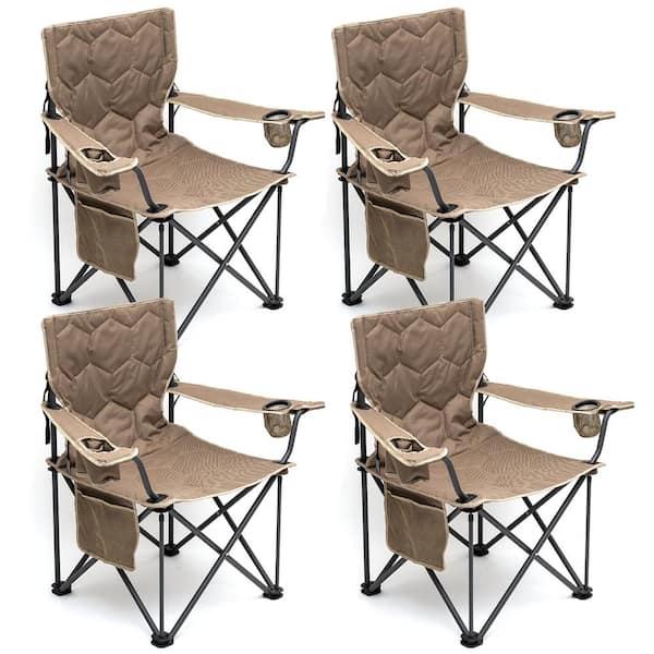 Mondawe 4-Piece Khaki Metal Patio Folding Beach Chair Lawn Chair Outdoor Camping Chair with Side Pockets and Built-In Opener