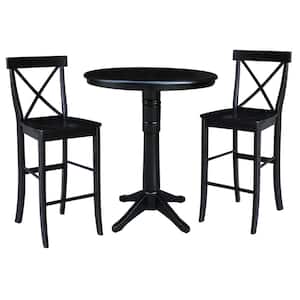 3-Piece Set Olivia Black 30 in Round Solid Wood Bar-height Dining Table and 2 Alexa Armless Stools