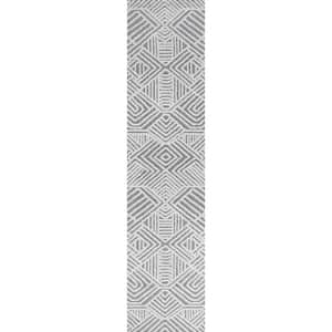 Jordan High-Low Pile Art Deco Geometric White/Black 2 ft. x 10 ft. Indoor/Outdoor Runner Rug